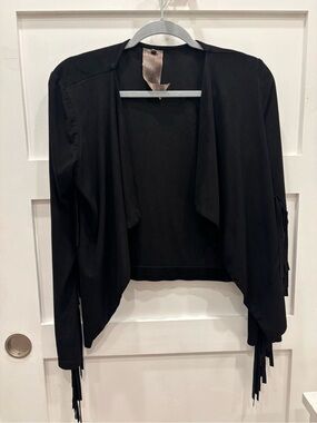 Moon Collection Black Draped Fringe Faux Suede Open Front Cardigan / Jacket